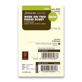 Obrázek produktu Týždenný kalendár 2024, týždeň/2 strany, krémová, Aj - náplň mini diárov Filofax