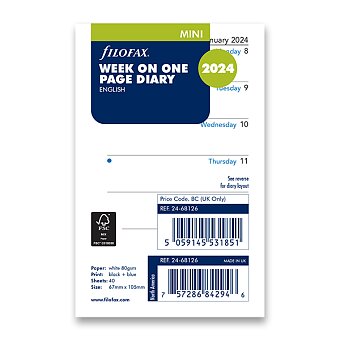 Obrázek produktu Týdenní kalendář 2024, týden/1 strana, Aj - náplň mini diářů Filofax