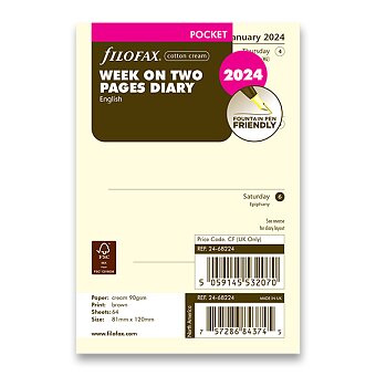 Obrázek produktu Týdenní kalendář 2024, týden/2 strany, krémová, Aj - náplň kapesních diářů Filofax