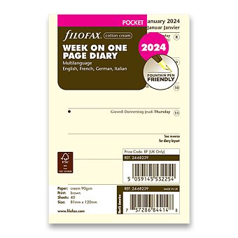 Obrázek produktu Týdenní kalendář 2024, týden/1 strana, krémová, Aj - náplň kapesních diářů Filofax