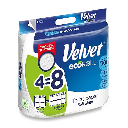 Obrázek produktu Velvet ecoROLL Soft White - toaletní papír - 3vrstvý, návin 36,6m, 300 útržků, 4 ks