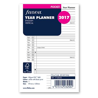 Obrázek produktu Plánovací kalendář 2017, Aj, vertikální - náplň kapesních diářů Filofax