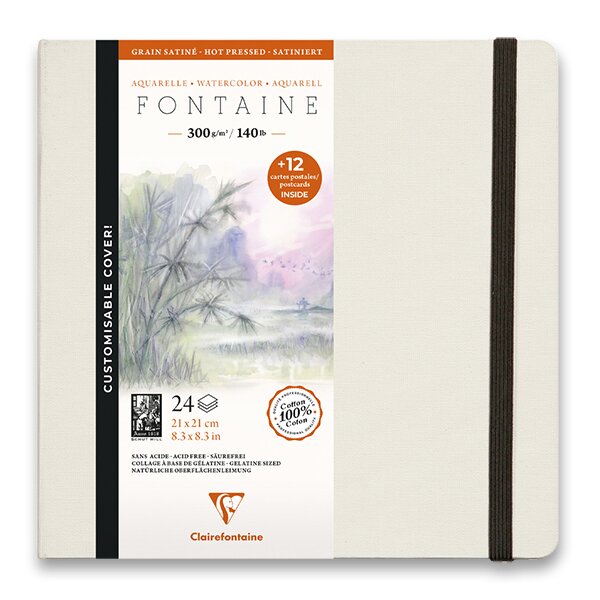 Akvarelové album Clairefontaine Fontaine Hot Pressed s pohledy, 21 x 21 cm, 24 listů, 300 g