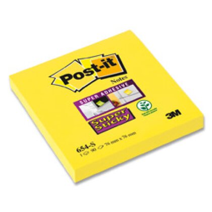 Obrázek produktu 3M Post-it 654 Super Sticky - silně lepicí bloček - 76×76 mm, 90 l., žlutý