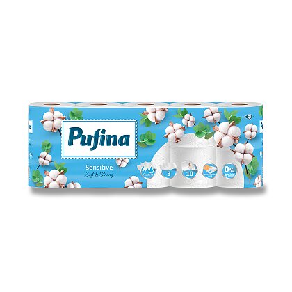 Obrázok produktu Pufina Sensitive - toaletný papier - 3vrstvový, návin 18,9 m, 140 útržkov, 10 roliek