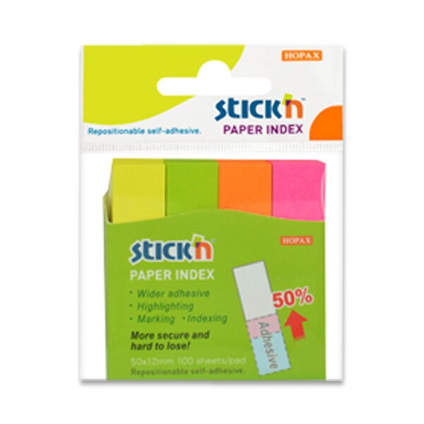 Samolepicí záložky Hopax Stick’n Notes 50 x 12 mm, 4 x 100 listů, neonové