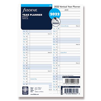 Obrázek produktu Roční plánovací kalendář 2022, Aj - vertikální, náplň A5 diářů Filofax